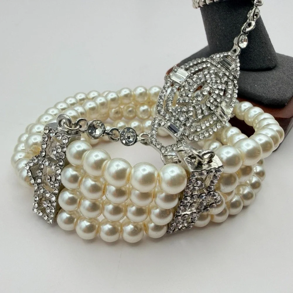 Vintage 50s Style Triple Row Faux Pearl Rhinestone Statement Bracelet Jewelry